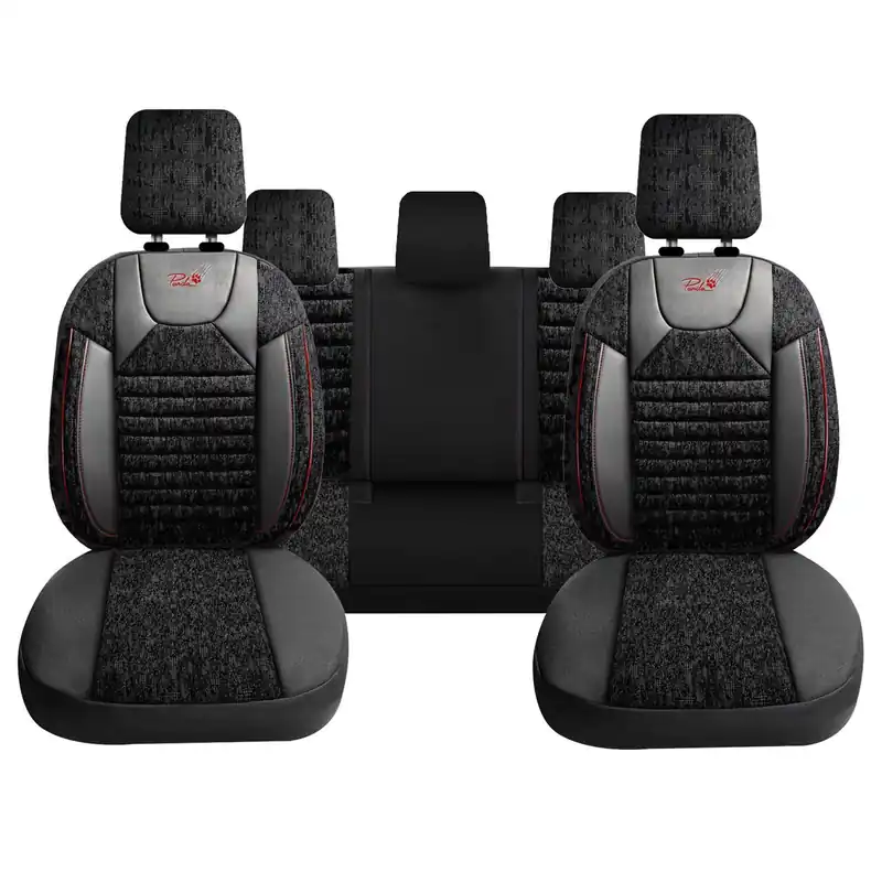Reducere de preț Set Huse Scaune Auto pentru Tesla Y - Panda PSC02, material textil cu piele ecologica, cu fermoare pentru bancheta rabatabila, negru cu dungi rosii, 11 piese