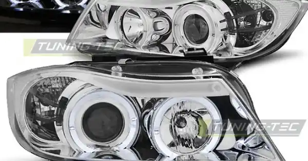 Preț redus Faruri cu Angel Eyes pe fundal cromat compatibil cu BMW E90/E91 03.05-08.08