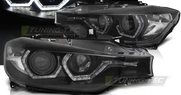 Plată sigură Faruri cu Angel Eyes si Led DRL pe fundal negru compatibil cu BMW F30/F31 LCI 15-18